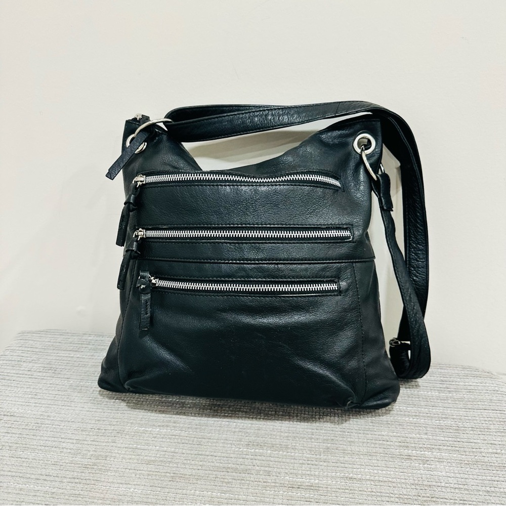 Great‎ American Leatherworks Black Leather Crossbody Bag Multi-Zip Soft